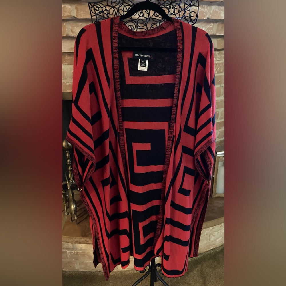 Colleen Lopez Red & Black Geometric Open Front Shrug/Poncho